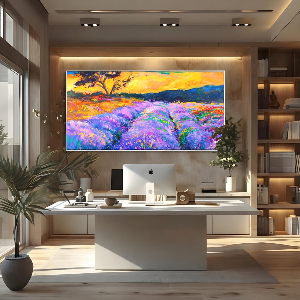 Tablou canvas cu pictura camp de lavanda la apus, in rama de aluminiu argintiu, pe perete intr-un birou