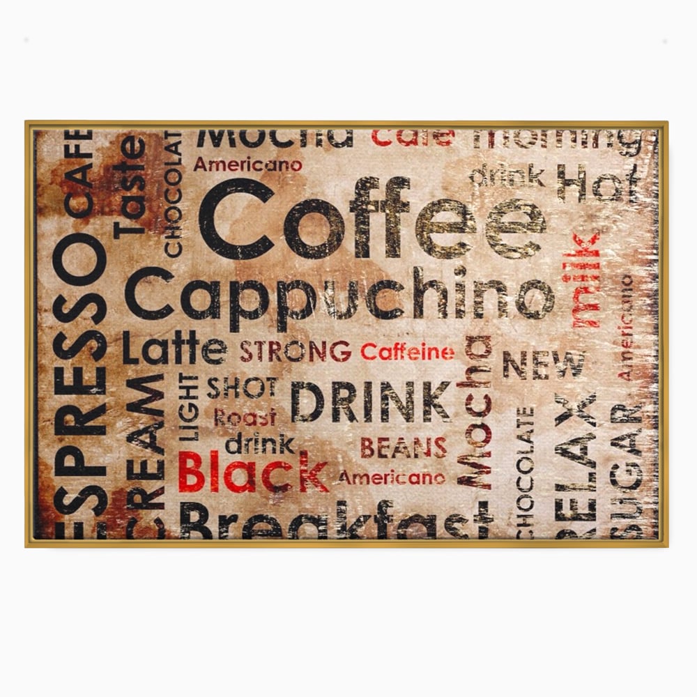 Tablou canvas cu tablou canvas tipografie cafea, in rama de aluminiu auriu