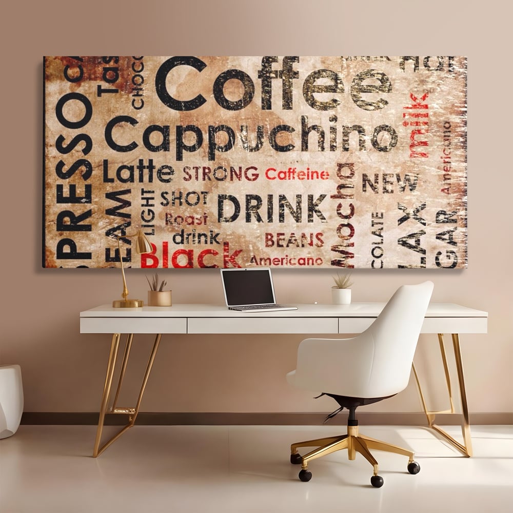 Tablou canvas cu tablou canvas tipografie cafea, fara rama, pe sasiu de lemn, pe perete intr-un birou