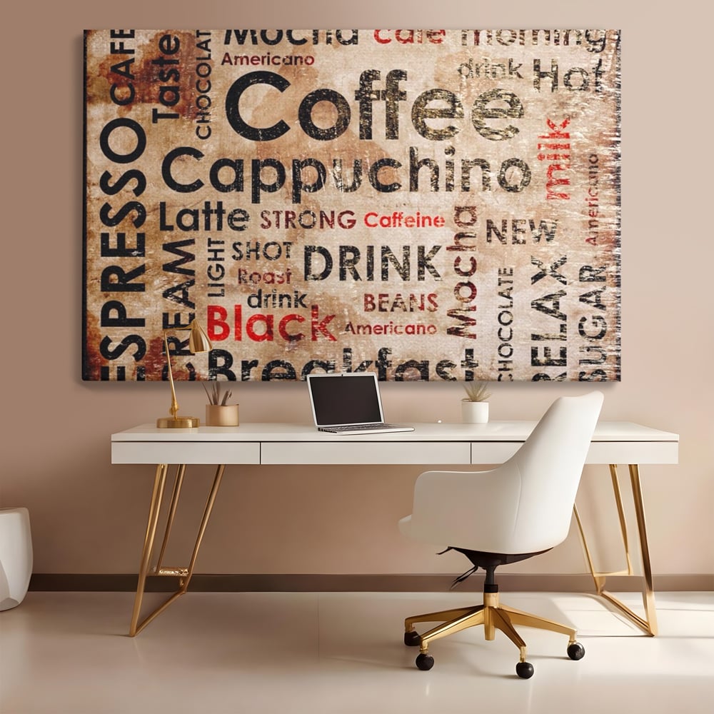 Tablou canvas cu tablou canvas tipografie cafea, fara rama, pe sasiu de lemn, pe perete intr-un birou