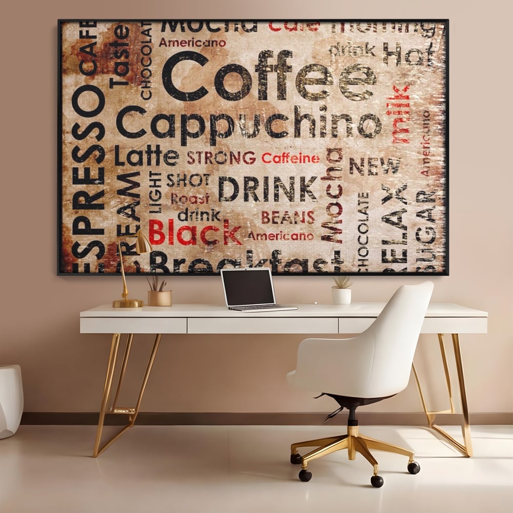 Tablou canvas cu tablou canvas tipografie cafea, in rama de aluminiu negru, pe perete intr-un birou