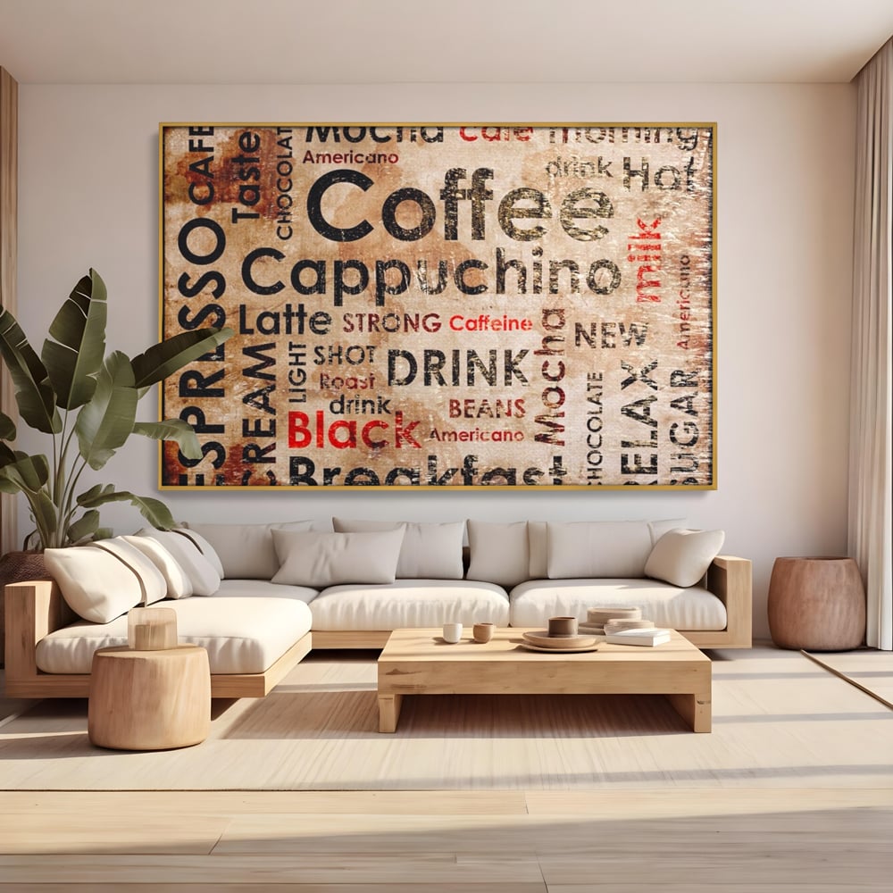 Tablou canvas cu tablou canvas tipografie cafea, in rama de aluminiu auriu, pe perete intr-un living