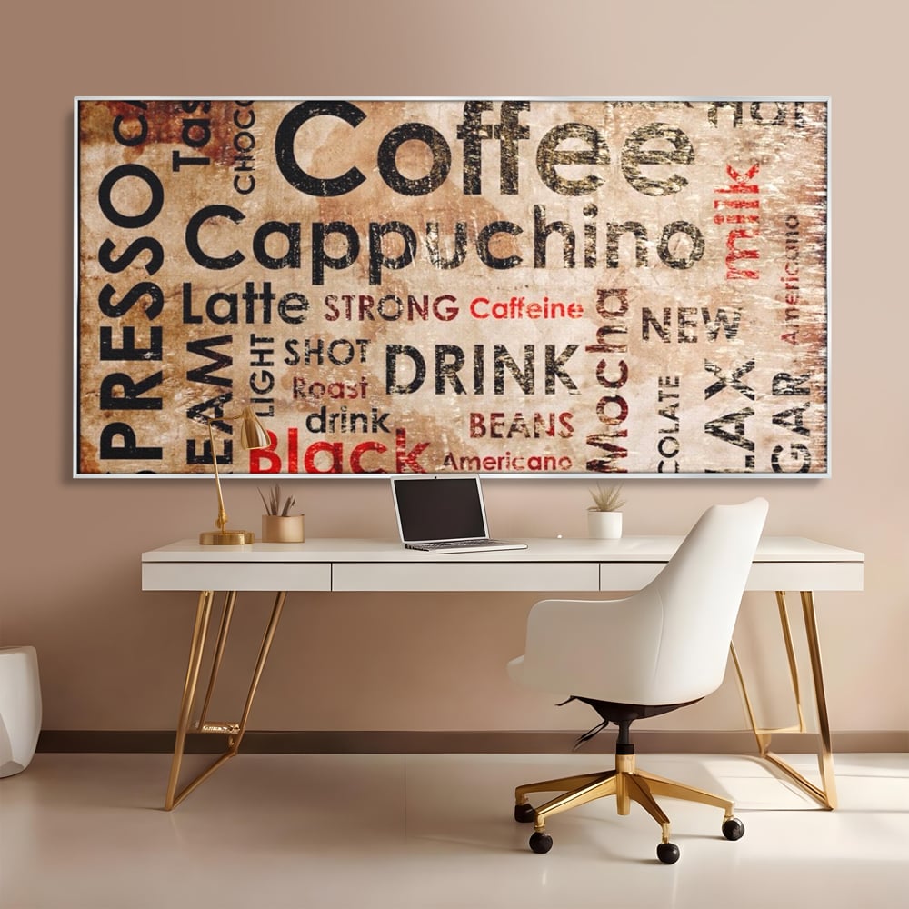 Tablou canvas cu tablou canvas tipografie cafea, in rama de aluminiu argintiu, pe perete intr-un birou