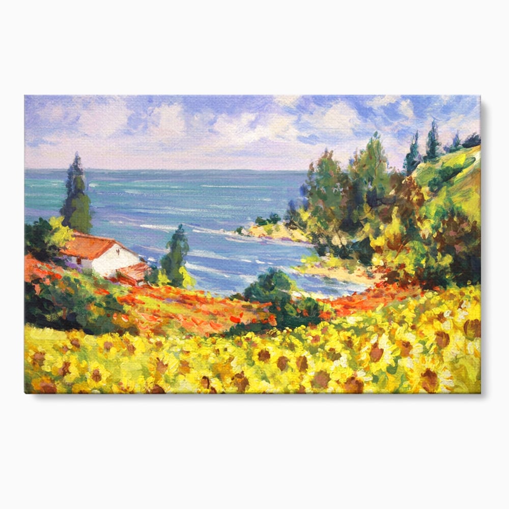 Tablou canvas cu pictura camp cu floarea soarelui si mare, fara rama, pe sasiu de lemn