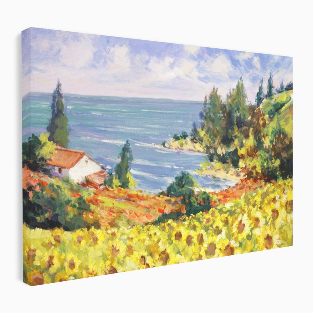 Tablou canvas cu pictura camp cu floarea soarelui si mare, fara rama, pe sasiu de lemn
