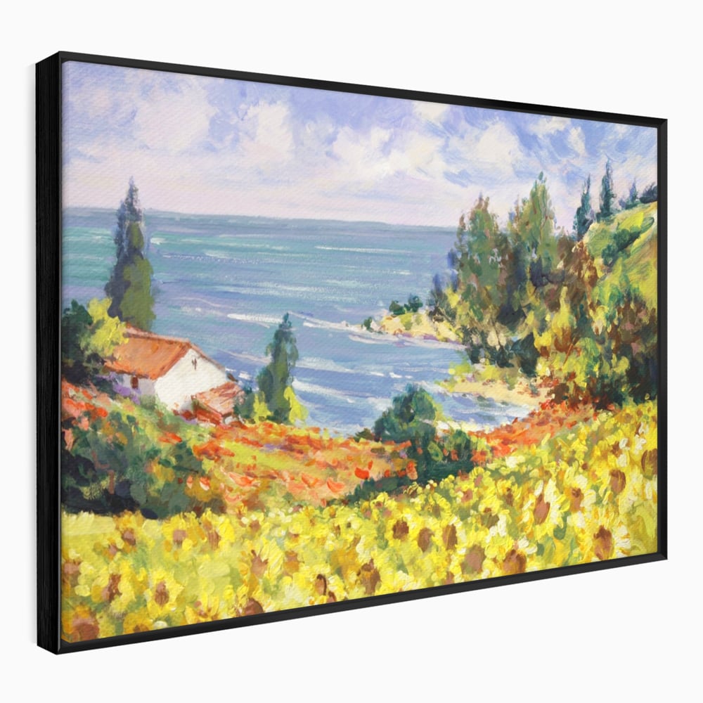 Tablou canvas cu pictura camp cu floarea soarelui si mare, in rama de aluminiu negru