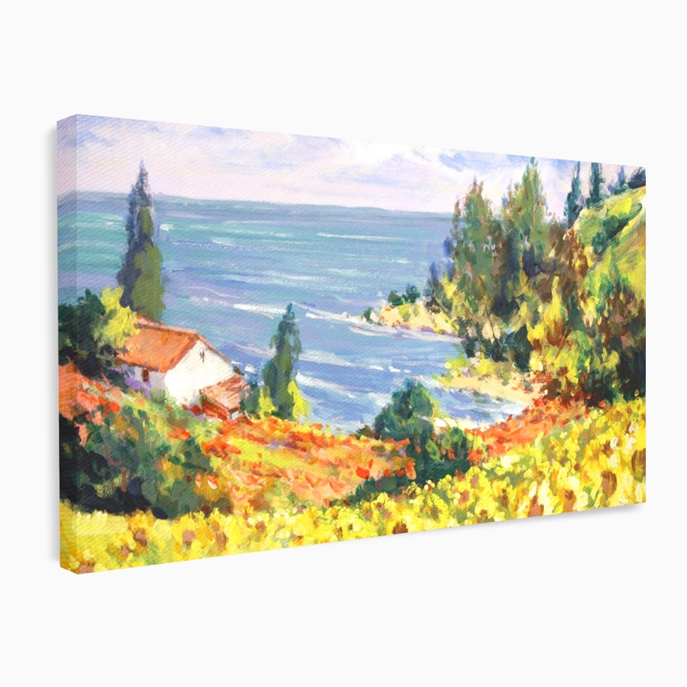Tablou canvas cu pictura camp cu floarea soarelui si mare, fara rama, pe sasiu de lemn