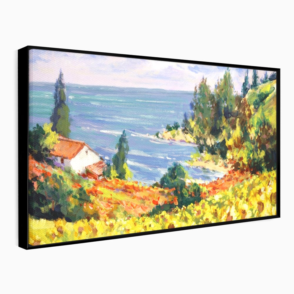 Tablou canvas cu pictura camp cu floarea soarelui si mare, in rama de aluminiu negru