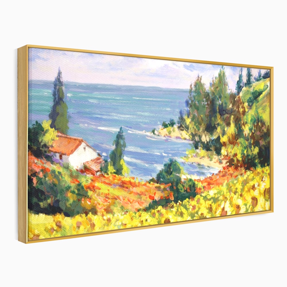 Tablou canvas cu pictura camp cu floarea soarelui si mare, in rama de aluminiu auriu