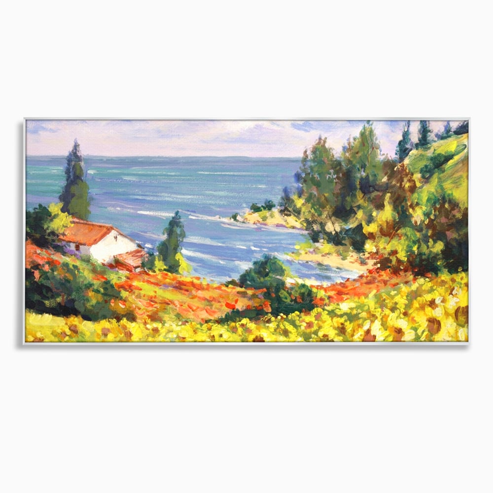 Tablou canvas cu pictura camp cu floarea soarelui si mare, in rama de aluminiu argintiu