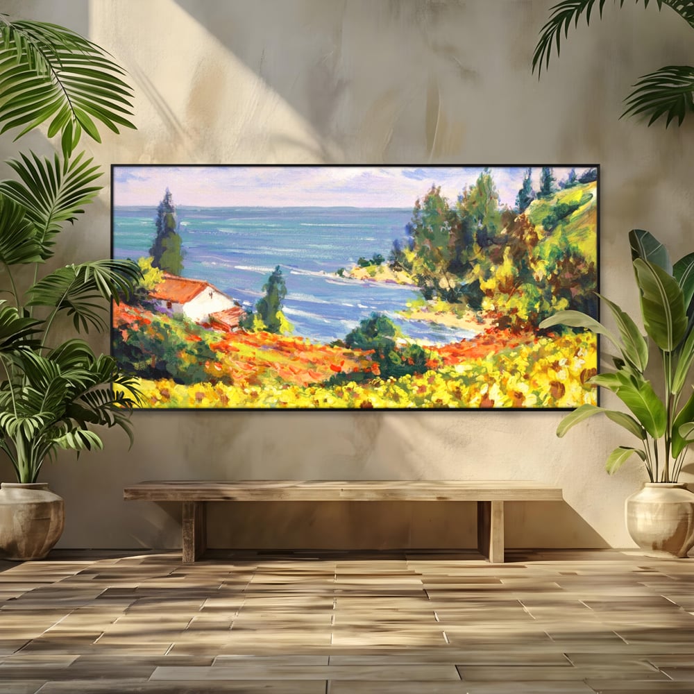 Tablou canvas cu pictura camp cu floarea soarelui si mare, in rama de aluminiu negru