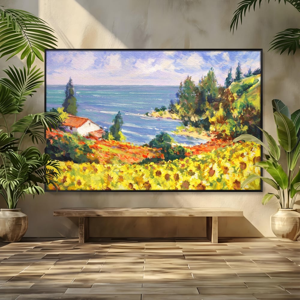 Tablou canvas cu pictura camp cu floarea soarelui si mare, in rama de aluminiu negru