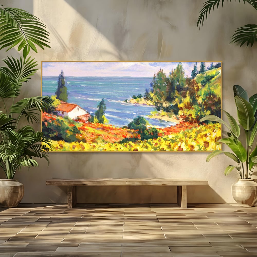 Tablou canvas cu pictura camp cu floarea soarelui si mare, in rama de aluminiu auriu