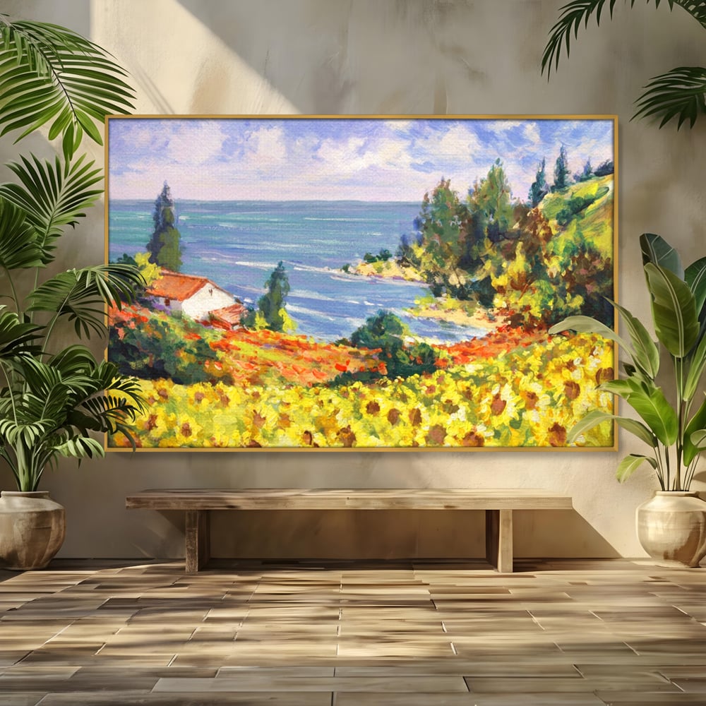 Tablou canvas cu pictura camp cu floarea soarelui si mare, in rama de aluminiu auriu