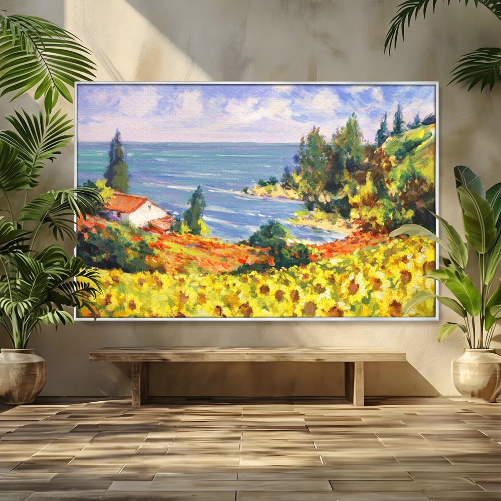 Tablou canvas cu pictura camp cu floarea soarelui si mare, in rama de aluminiu argintiu