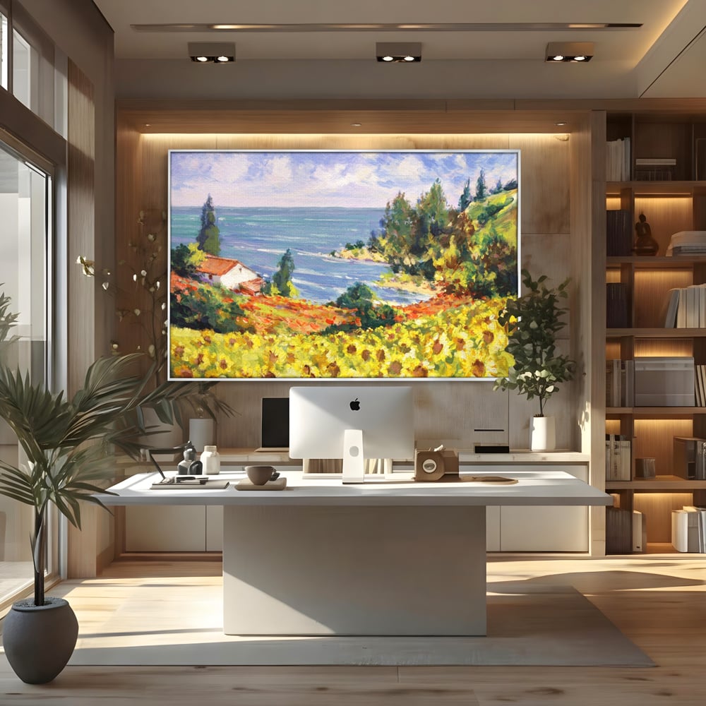 Tablou canvas cu pictura camp cu floarea soarelui si mare, in rama de aluminiu argintiu, pe perete intr-un birou