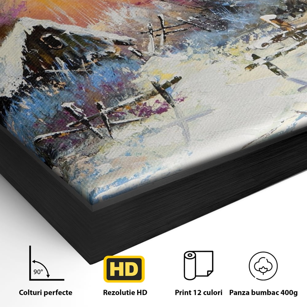 Detaliu al suprafetei: tablou canvas cu peisaj de iarna, in rama de aluminiu negru