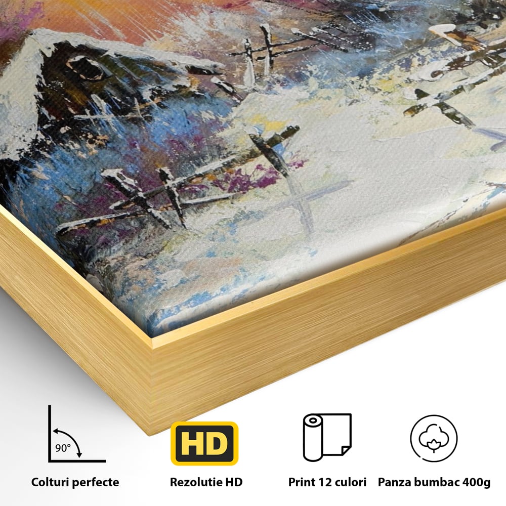 Detaliu al suprafetei: tablou canvas cu peisaj de iarna, in rama de aluminiu auriu