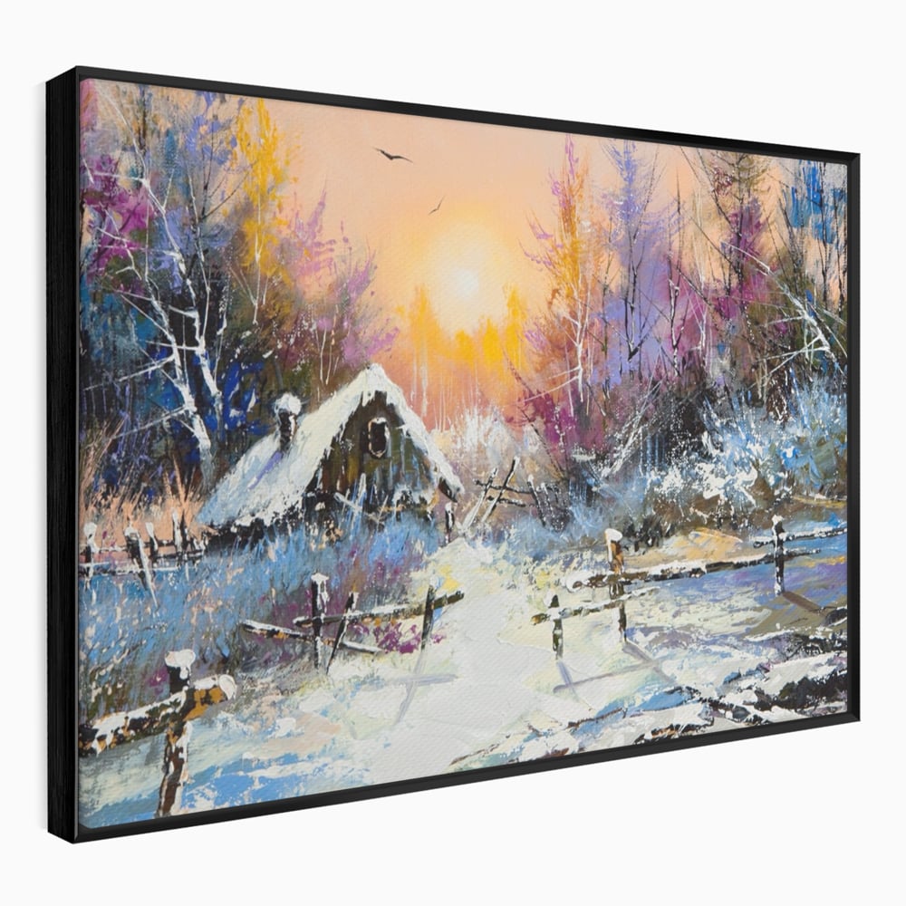 Tablou canvas cu tablou canvas cu peisaj de iarna, in rama de aluminiu negru