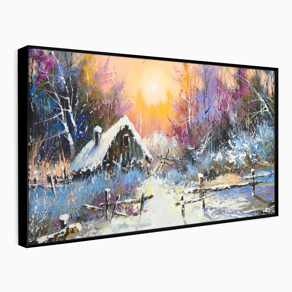 Tablou canvas cu tablou canvas cu peisaj de iarna, in rama de aluminiu negru