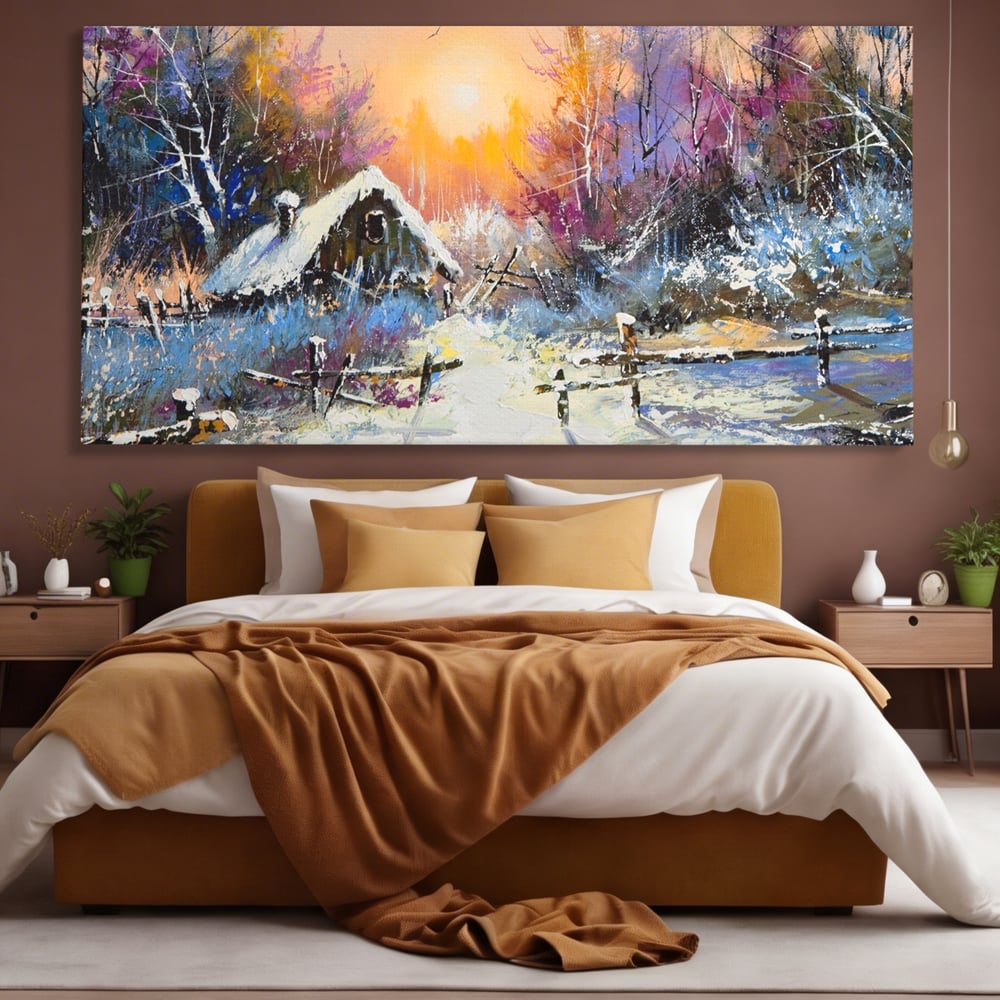 Tablou canvas cu tablou canvas cu peisaj de iarna, fara rama, pe sasiu de lemn, pe perete intr-un dormitor