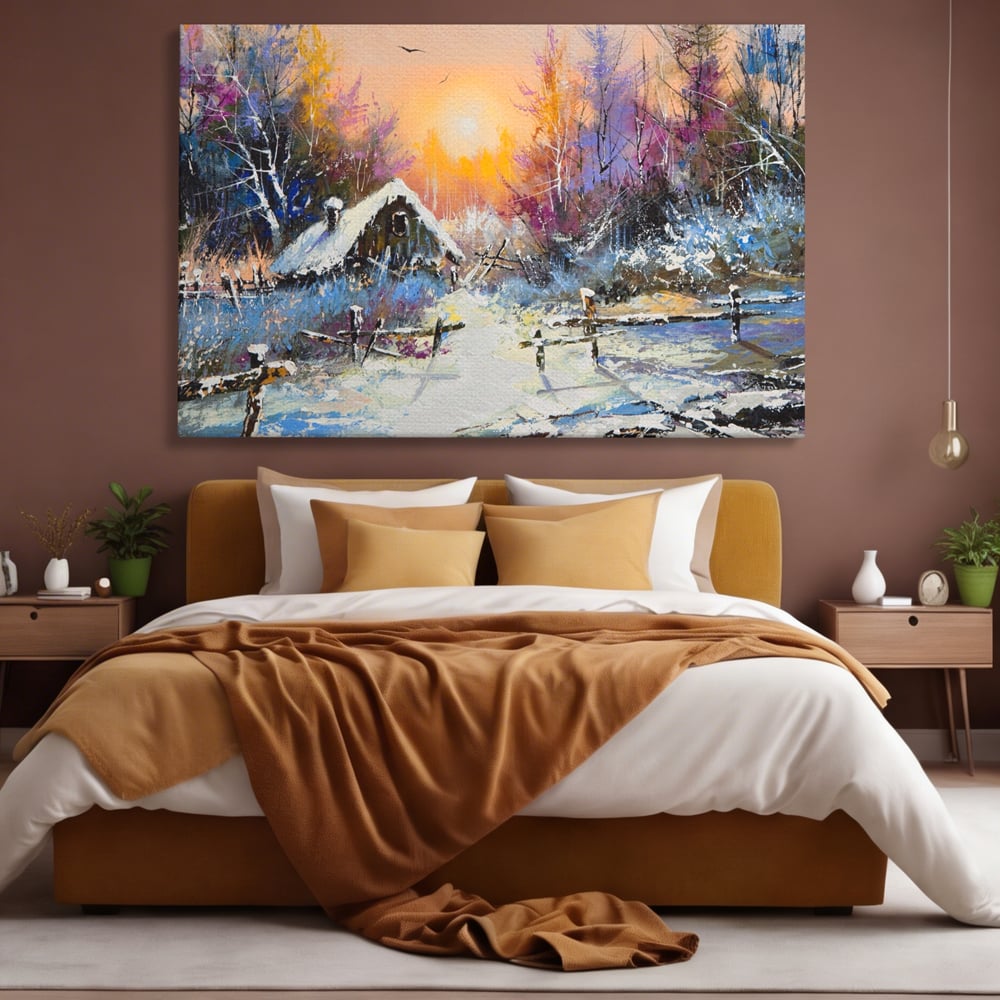 Tablou canvas cu tablou canvas cu peisaj de iarna, fara rama, pe sasiu de lemn, pe perete intr-un dormitor