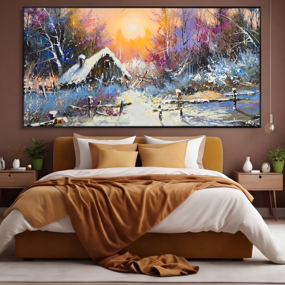 Tablou canvas cu tablou canvas cu peisaj de iarna, in rama de aluminiu negru, pe perete intr-un dormitor