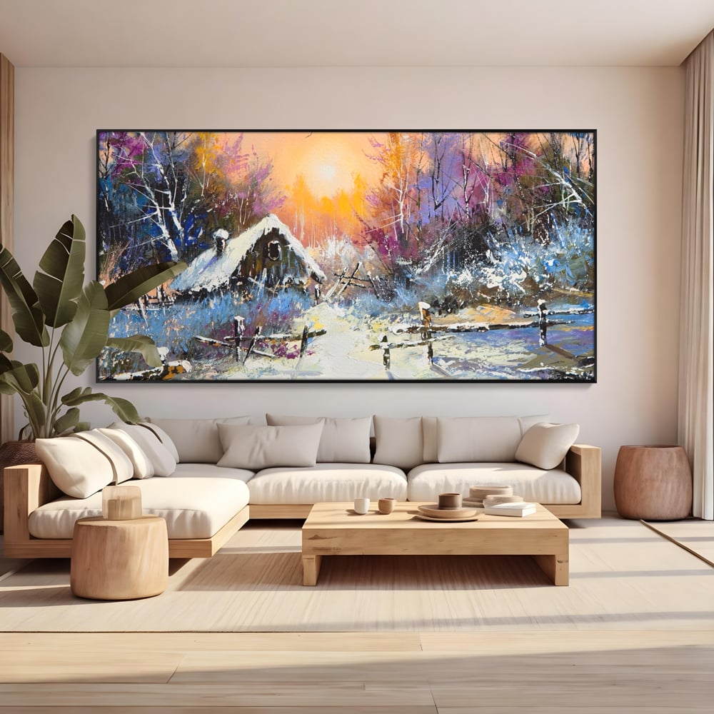 Tablou canvas cu tablou canvas cu peisaj de iarna, in rama de aluminiu negru, pe perete intr-un living