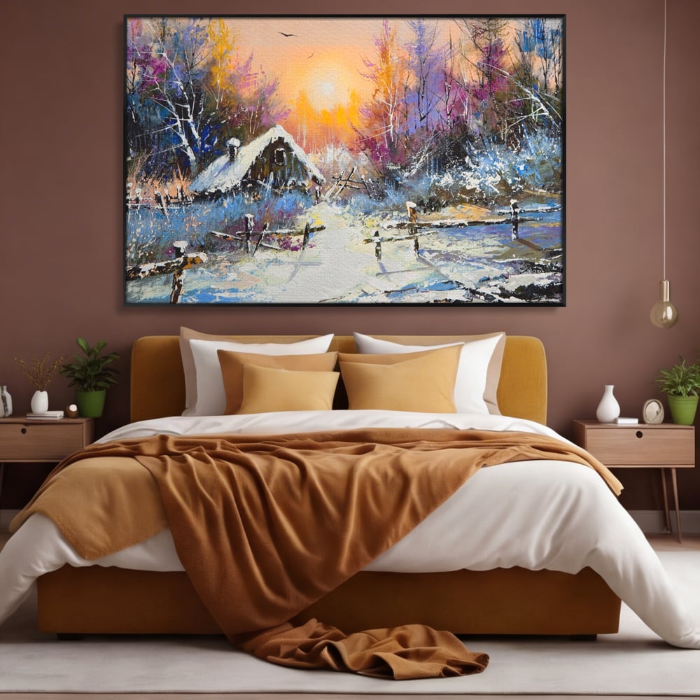 Tablou canvas cu tablou canvas cu peisaj de iarna, in rama de aluminiu negru, pe perete intr-un dormitor
