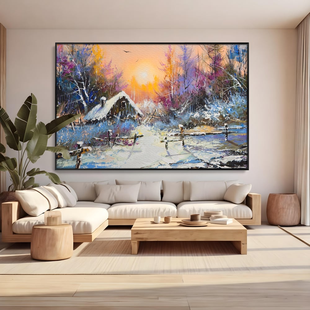 Tablou canvas cu tablou canvas cu peisaj de iarna, in rama de aluminiu negru, pe perete intr-un living