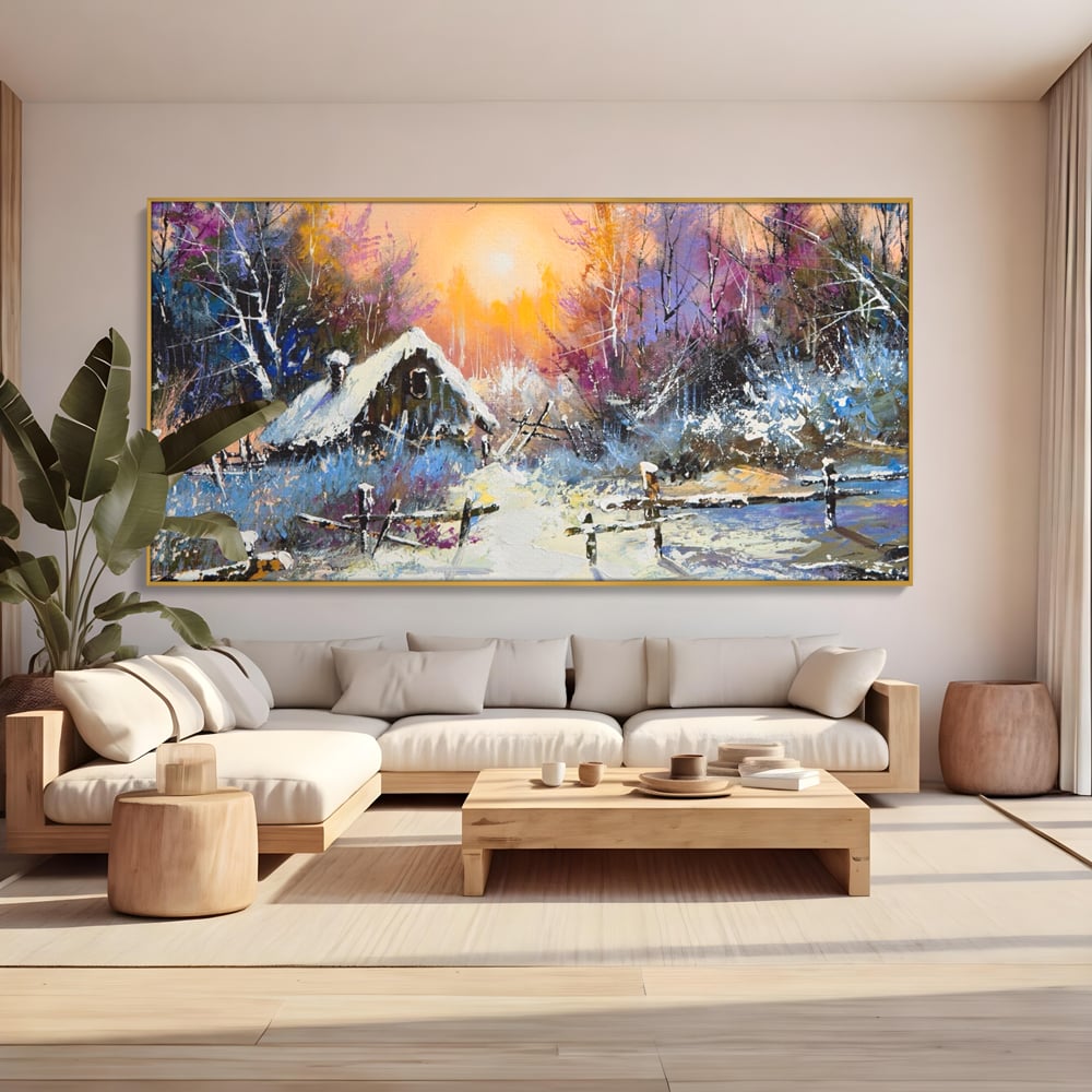 Tablou canvas cu tablou canvas cu peisaj de iarna, in rama de aluminiu auriu, pe perete intr-un living