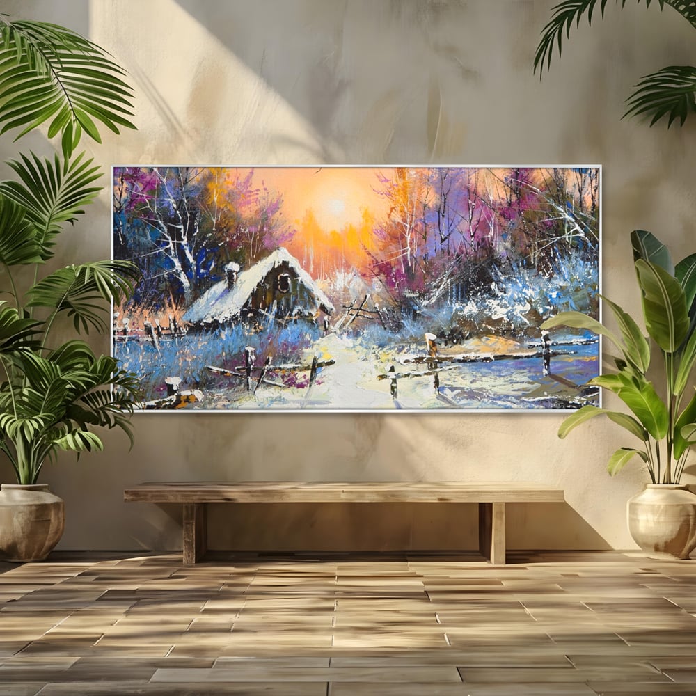 Tablou canvas cu tablou canvas cu peisaj de iarna, in rama de aluminiu argintiu