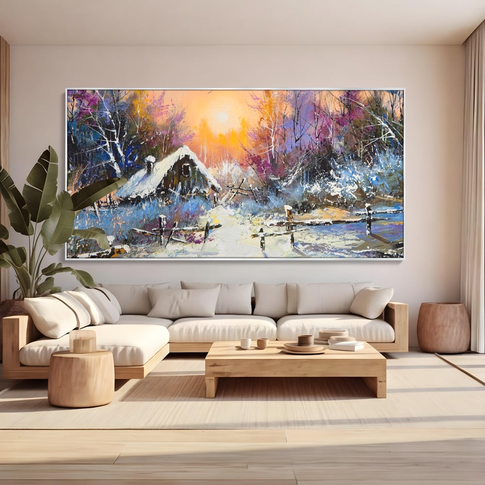 Tablou canvas cu tablou canvas cu peisaj de iarna, in rama de aluminiu argintiu, pe perete intr-un living