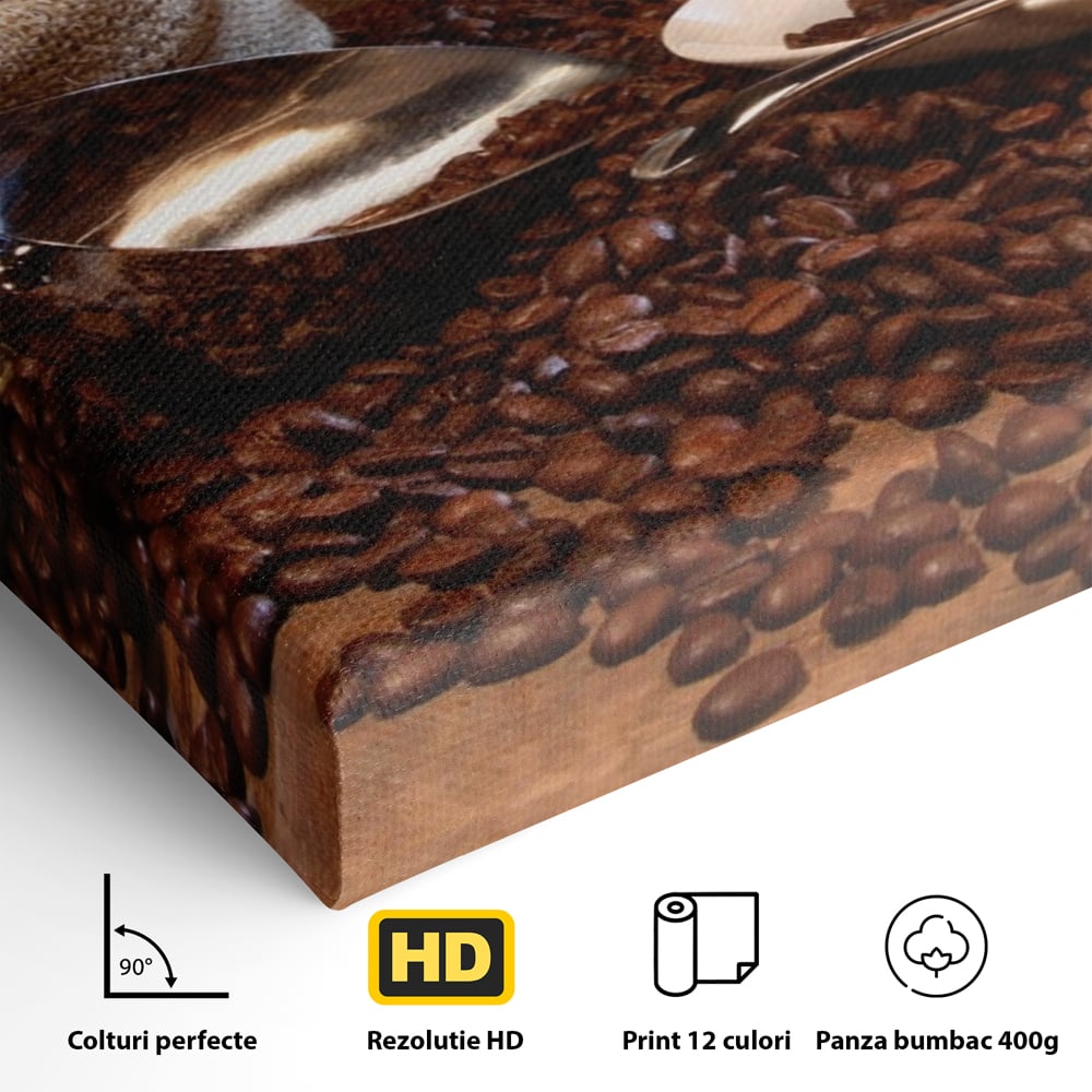 Detaliu al suprafetei: tablou cu cana de cafea si sac de iuta, fara rama, pe sasiu de lemn