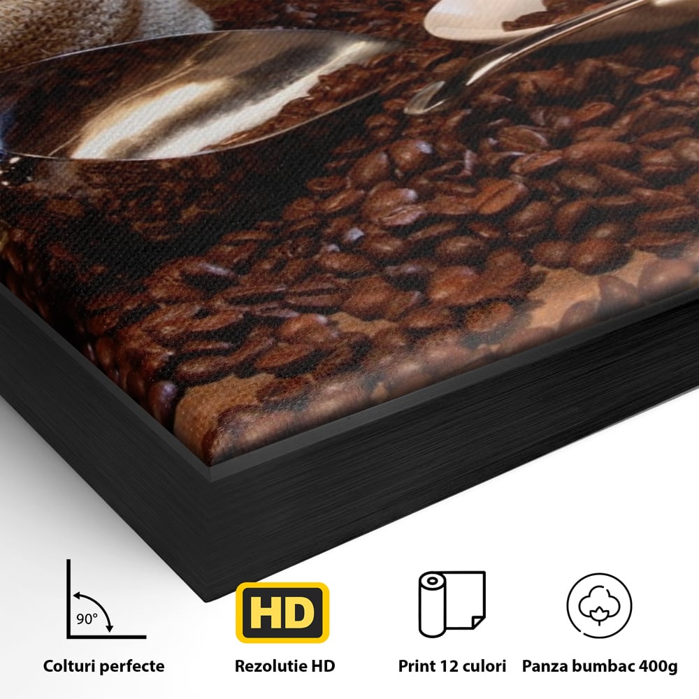 Detaliu al suprafetei: tablou cu cana de cafea si sac de iuta, in rama de aluminiu negru