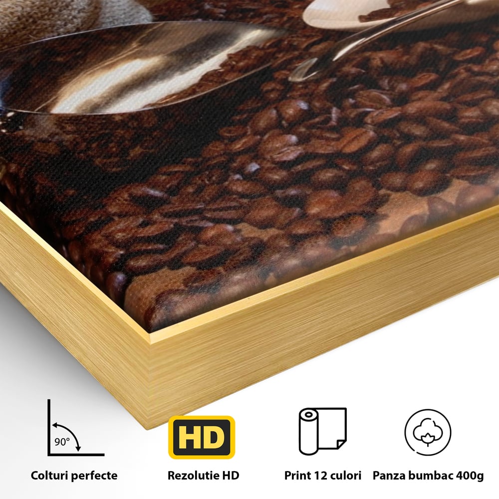 Detaliu al suprafetei: tablou cu cana de cafea si sac de iuta, in rama de aluminiu auriu