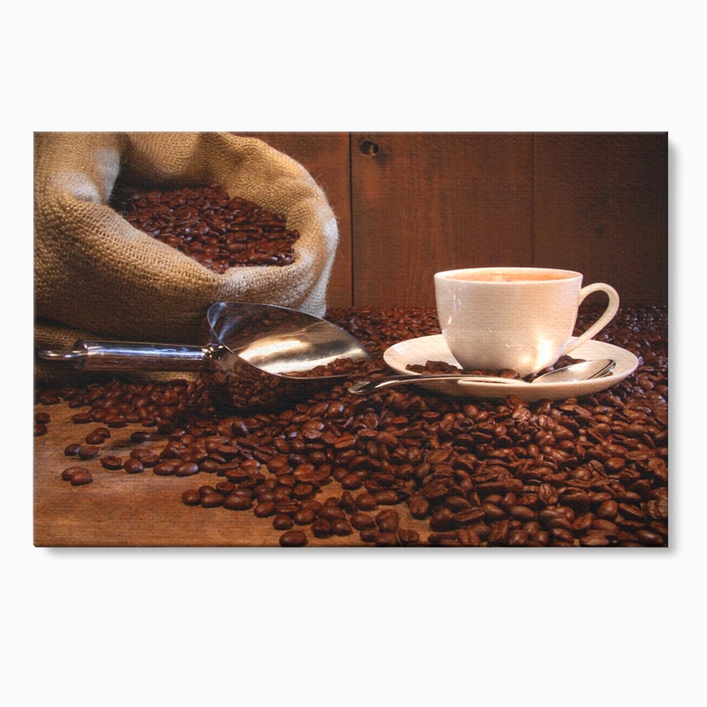 Tablou canvas cu tablou cu cana de cafea si sac de iuta, fara rama, pe sasiu de lemn