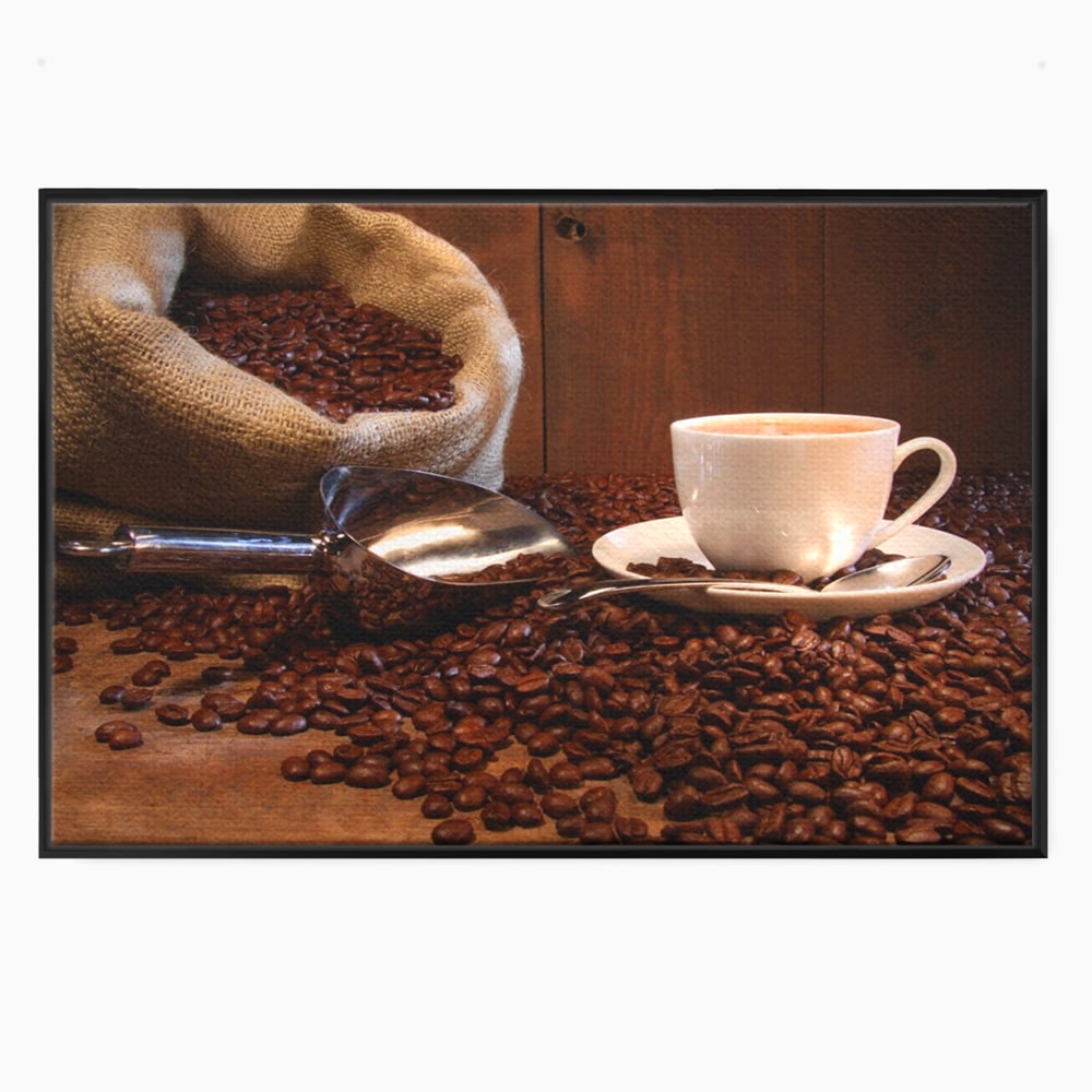 Tablou canvas cu tablou cu cana de cafea si sac de iuta, in rama de aluminiu negru