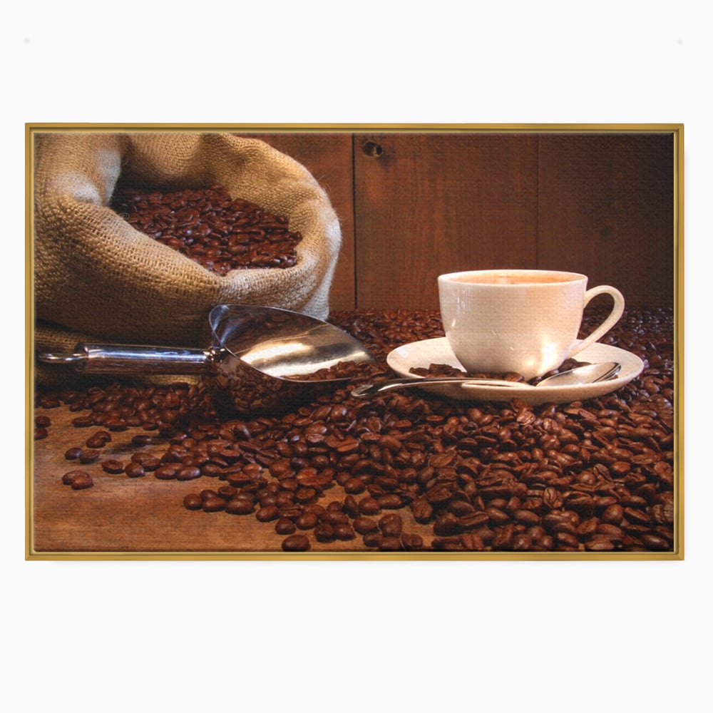 Tablou canvas cu tablou cu cana de cafea si sac de iuta, in rama de aluminiu auriu