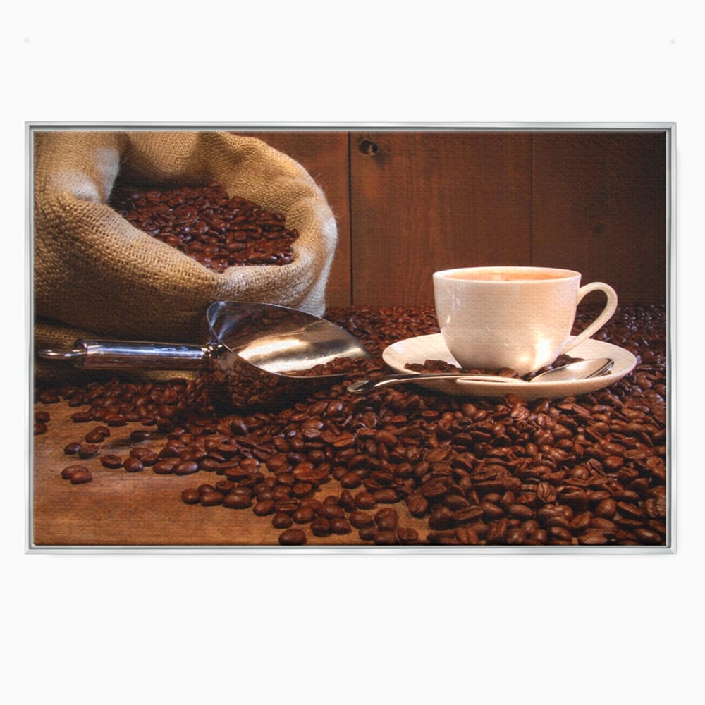 Tablou canvas cu tablou cu cana de cafea si sac de iuta, in rama de aluminiu argintiu