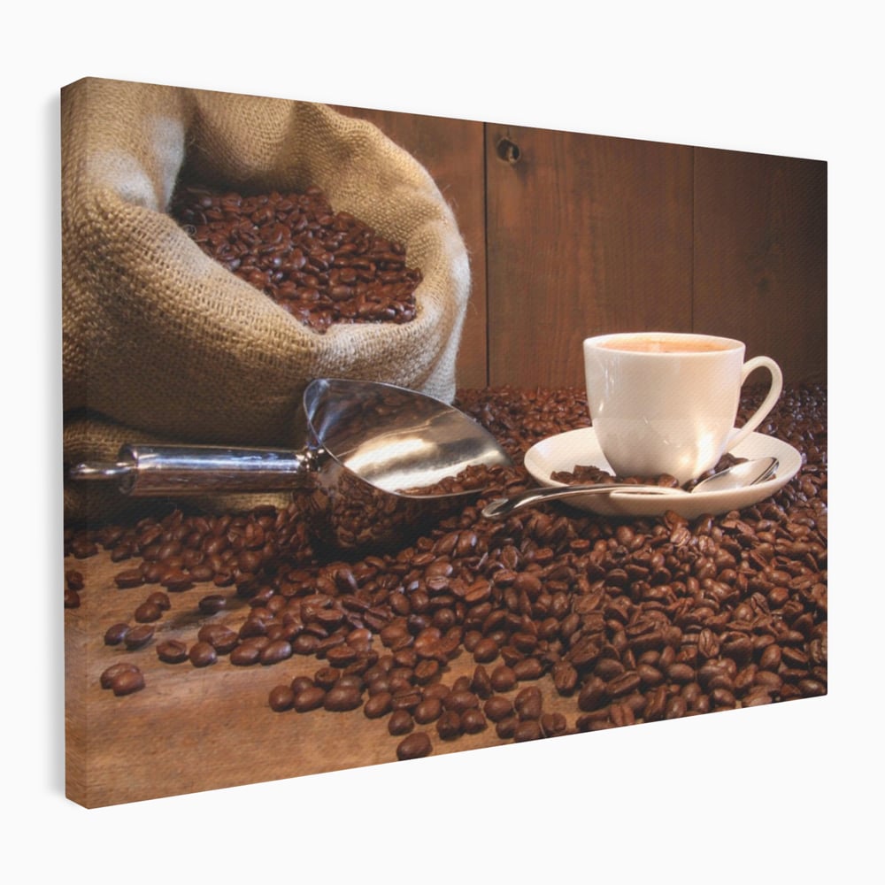 Tablou canvas cu tablou cu cana de cafea si sac de iuta, fara rama, pe sasiu de lemn