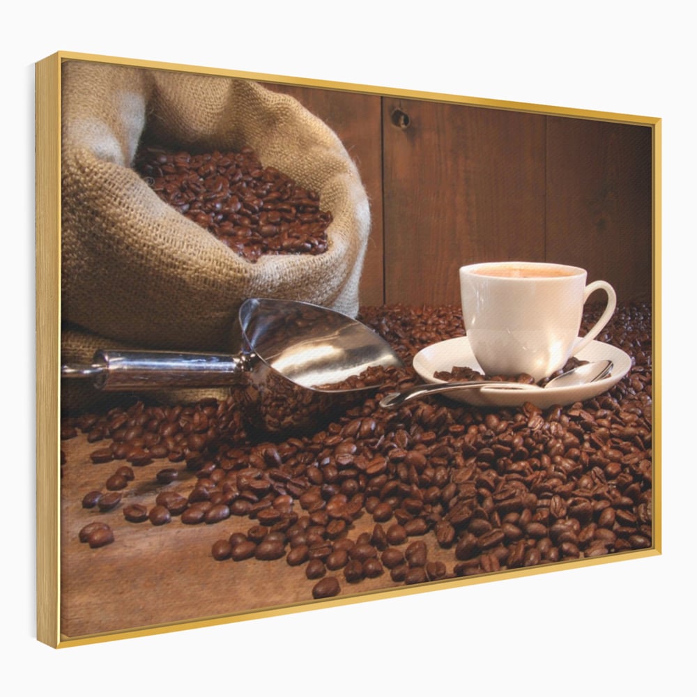 Tablou canvas cu tablou cu cana de cafea si sac de iuta, in rama de aluminiu auriu