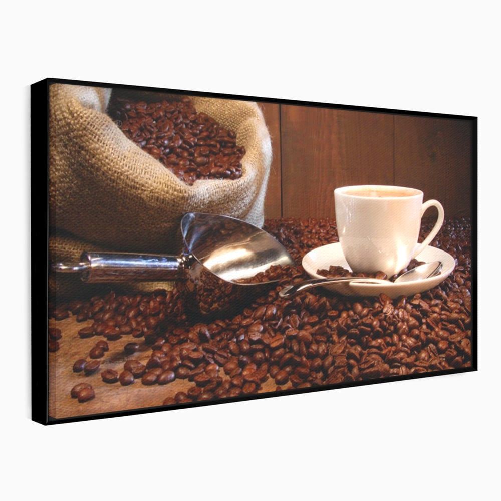 Tablou canvas cu tablou cu cana de cafea si sac de iuta, in rama de aluminiu negru