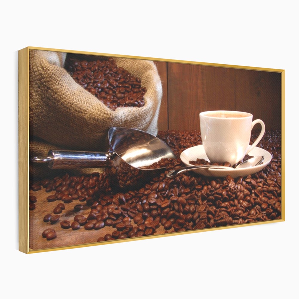 Tablou canvas cu tablou cu cana de cafea si sac de iuta, in rama de aluminiu auriu