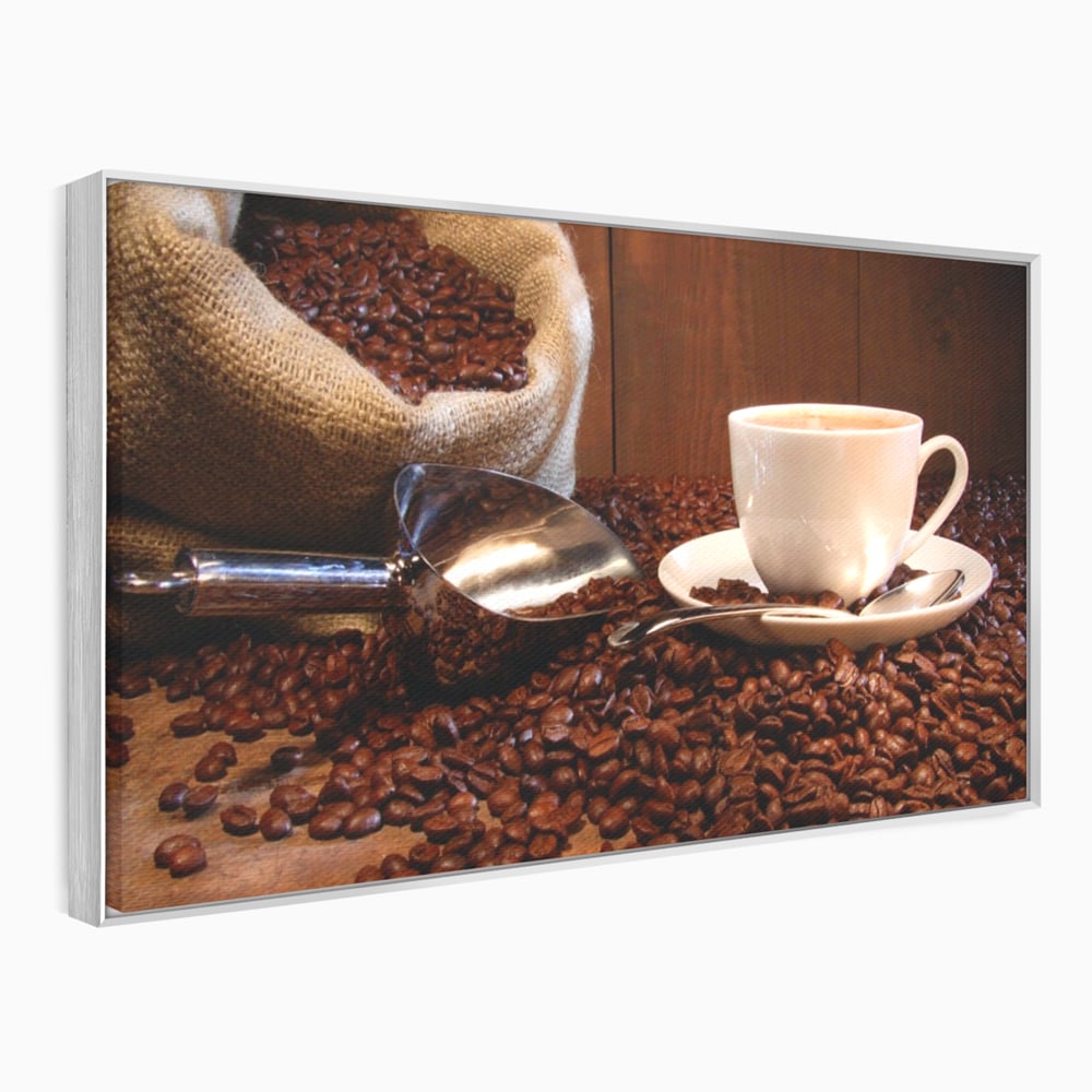 Tablou canvas cu tablou cu cana de cafea si sac de iuta, in rama de aluminiu argintiu