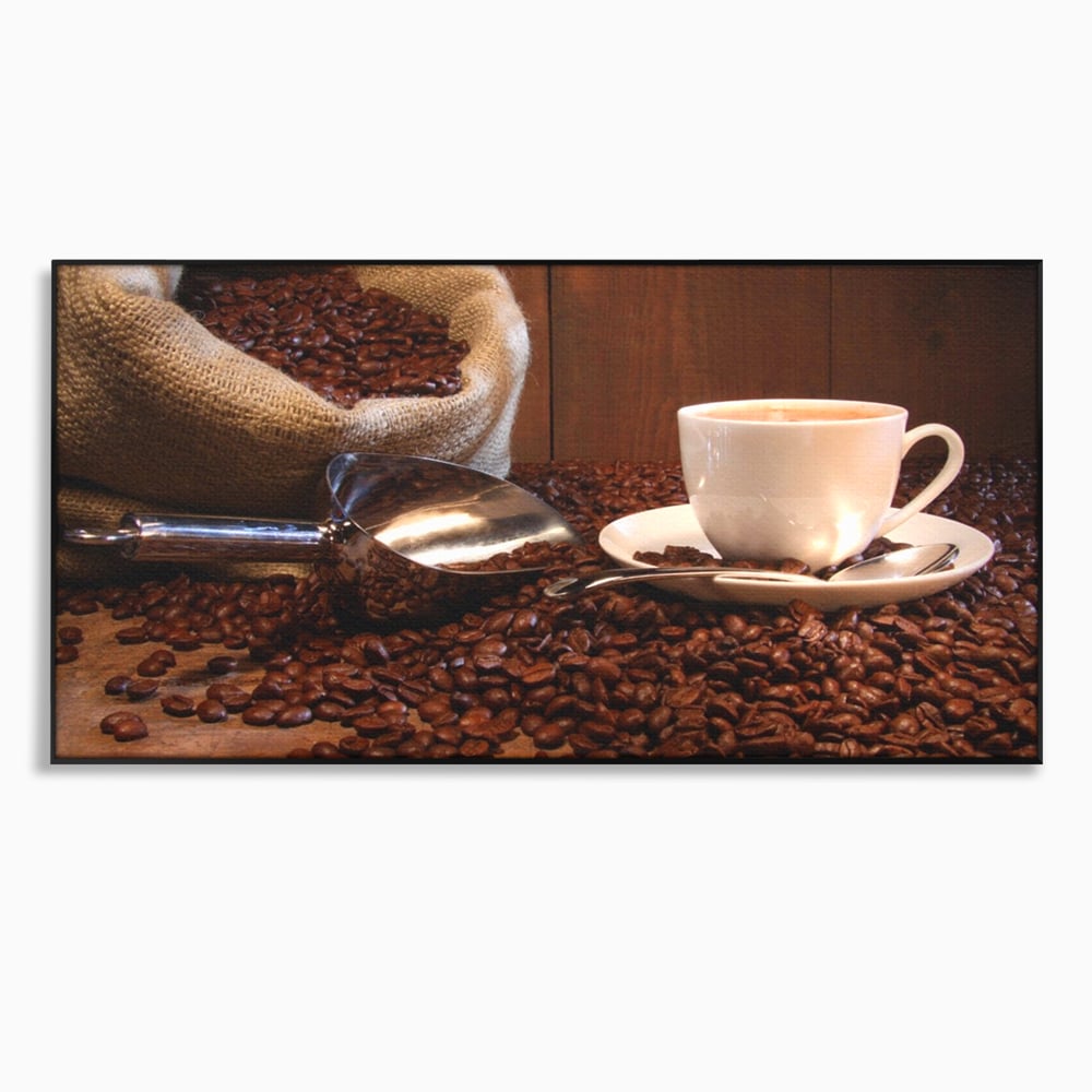 Tablou canvas cu tablou cu cana de cafea si sac de iuta, in rama de aluminiu negru