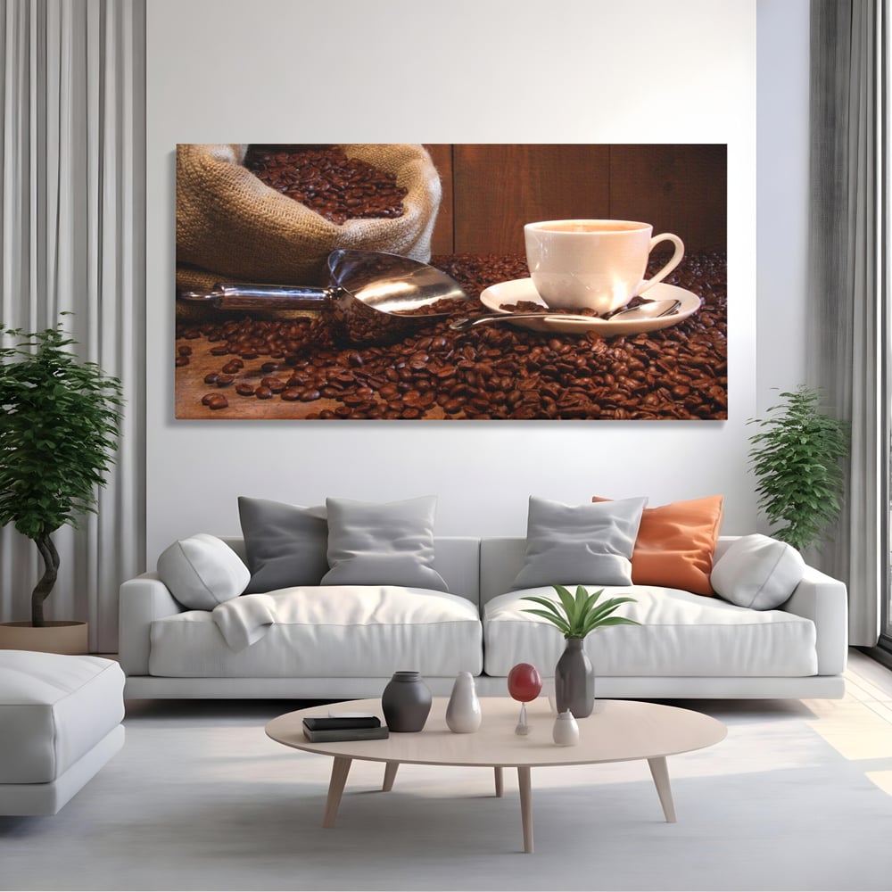 Tablou canvas cu tablou cu cana de cafea si sac de iuta, fara rama, pe sasiu de lemn, pe perete intr-un living