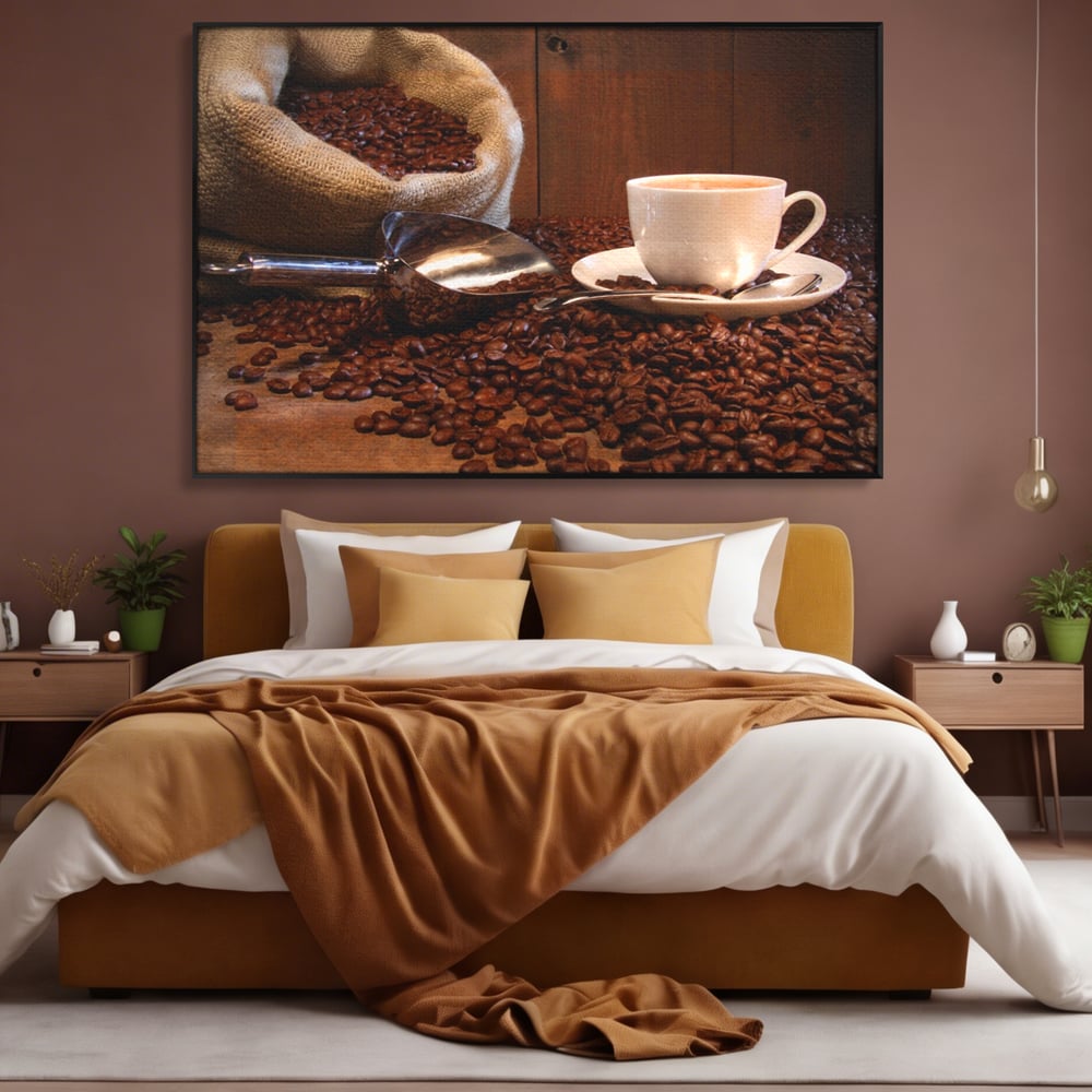 Tablou canvas cu tablou cu cana de cafea si sac de iuta, in rama de aluminiu negru, pe perete intr-un dormitor