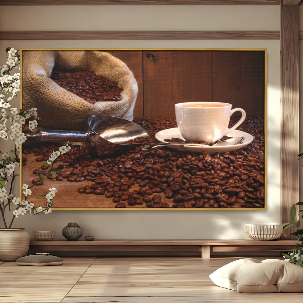 Tablou canvas cu tablou cu cana de cafea si sac de iuta, in rama de aluminiu auriu