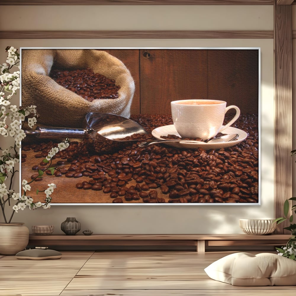 Tablou canvas cu tablou cu cana de cafea si sac de iuta, in rama de aluminiu argintiu